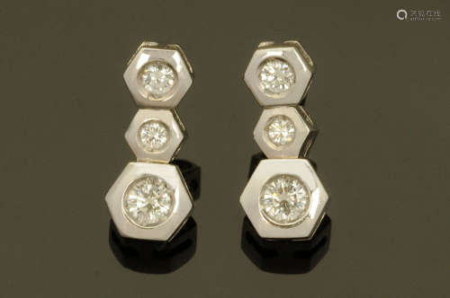 A pair of 18 ct white gold diamond hexagonal drop earrings, ...