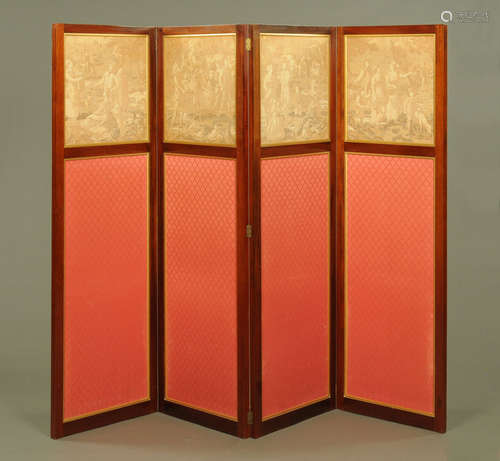 An Edwardian mahogany four fold screen, with tapestry panels...