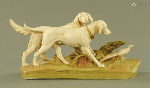 A Royal Dux hunting dog and pheasant group, pink triangular ...