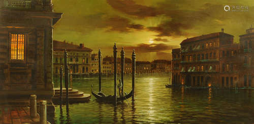 Langella, oil on canvas, Venetian Canal Scene. 59 cm x 119 c...