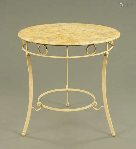 A marble topped conservatory table with painted wrought iron...