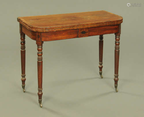 A Regency mahogany crossbanded turnover top tea table,