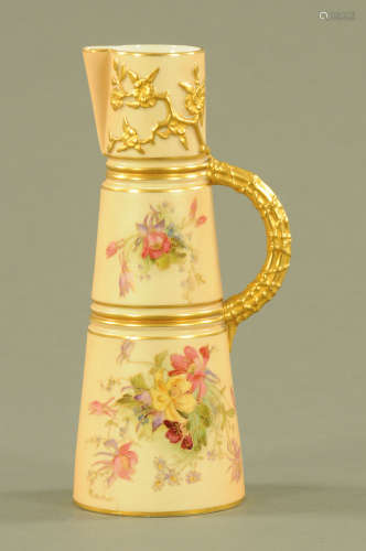 A Royal Worcester blush ivory jug, handpainted with floral s...