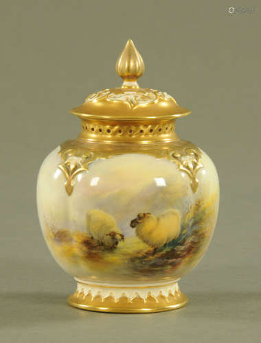 A Royal Worcester lidded pot pourri, painted with sheep in l...