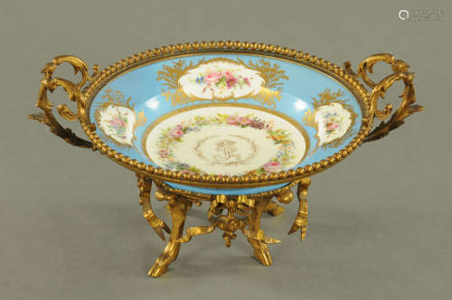 A Sevres style Chateau de Bizy metal mounted porcelain bowl,