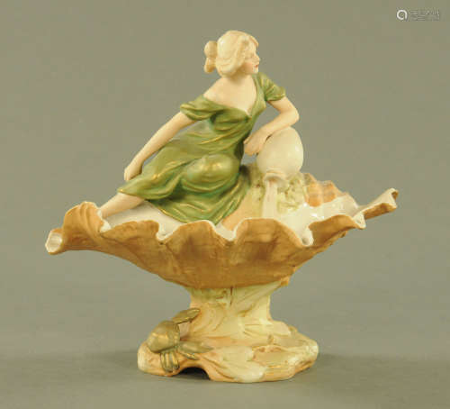A Royal Dux clam shell bowl with seated draped female figure...