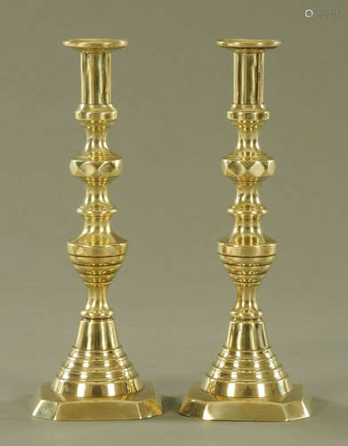 A large pair of Victorian polished brass candlesticks. Heigh...