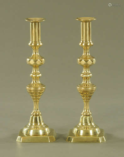 A large pair of Victorian polished brass candlesticks. Heigh...