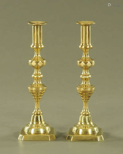 A large pair of Victorian polished brass candlesticks. Heigh...