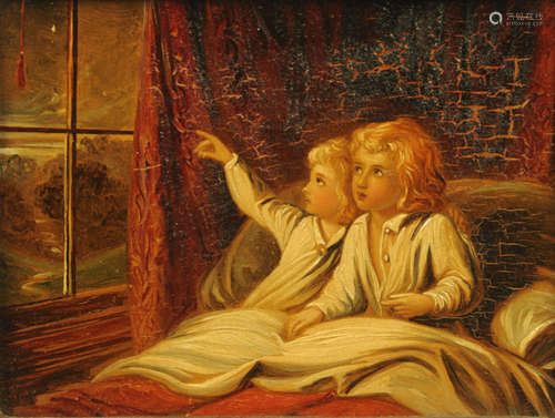 A 19th century oil painting on wooden board, two young child...