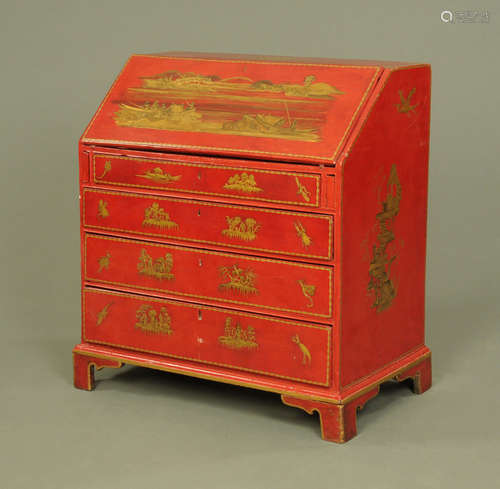 A chinoiserie lacquered and painted bureau, fitted with four...