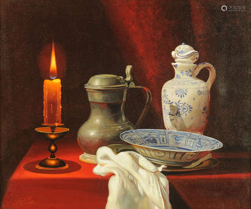 Rouge, an oil painting on canvas, still life pewter flagon c...