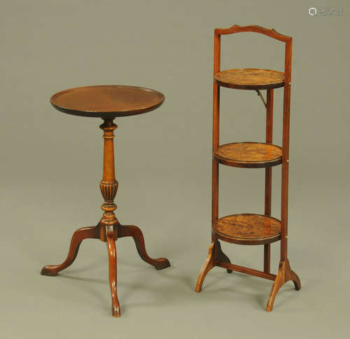 A mahogany and burr walnut folding three tier cake stand, to...