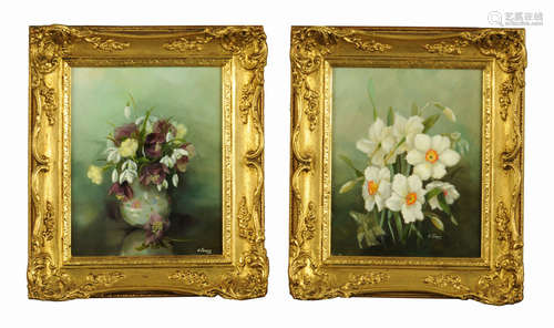 Kay Jones, a pair of oil paintings on board Spring Flowers, ...