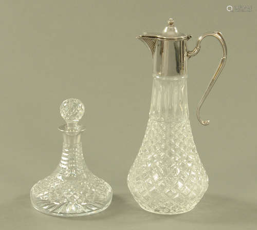 A moulded glass claret jug, with silver plated mount and a s...