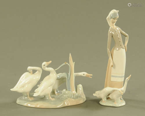 Two Lladro porcelain figures, figure with geese and three ge...