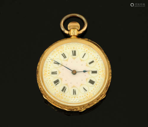 An 18 ct gold foliate engraved fob watch, with ceramic dial,...
