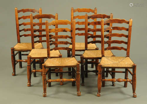 A matched set of six 19th century rush seat ladder backed di...