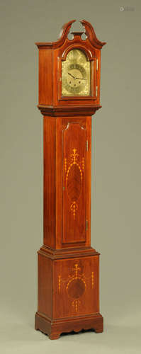 An Edwardian inlaid mahogany grandmother clock, with swans n...