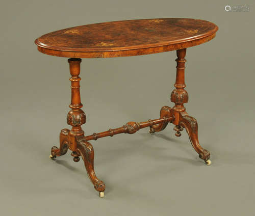 A Victorian inlaid walnut oval centre table,