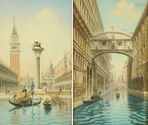 U Ongania, a pair of watercolours Venetian canal scene and c...