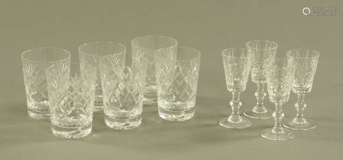 A set of six cut glass tumblers and four sherry glasses. Tal...