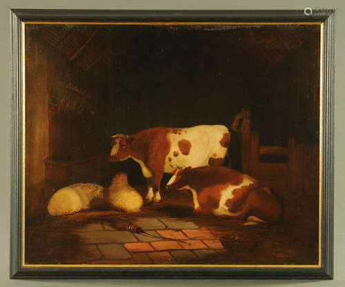 An oil painting on canvas cattle and sheep in barn, 49 cm x ...