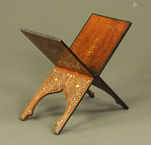 A near Eastern inlaid hardwood folding folio stand, with flo...