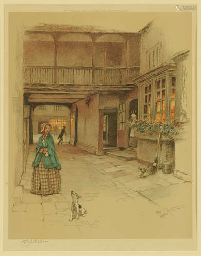 After Cecil Aldin, a print female figure with dog in courtya...