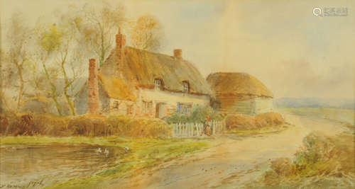 F Ramus, a watercolour thatched cottage and country lane wit...