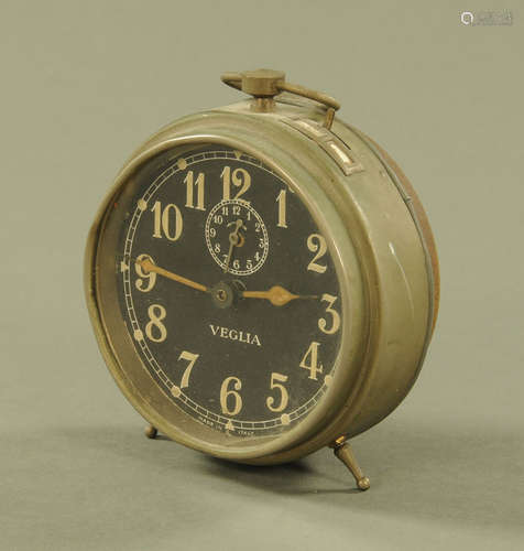 A vintage Veglia alarm clock, with black dial with Arabic nu...