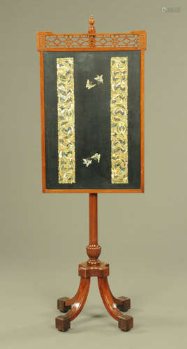 An Edwardian mahogany framed pole screen, with silkwork Chin...