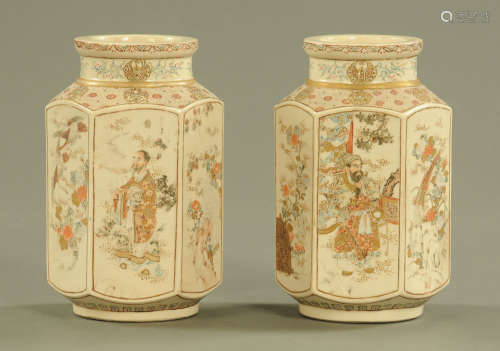 A pair of late 19th/early 20th century Satsuma vases, hexago...