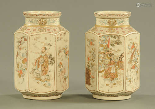 A pair of late 19th/early 20th century Satsuma vases, hexago...