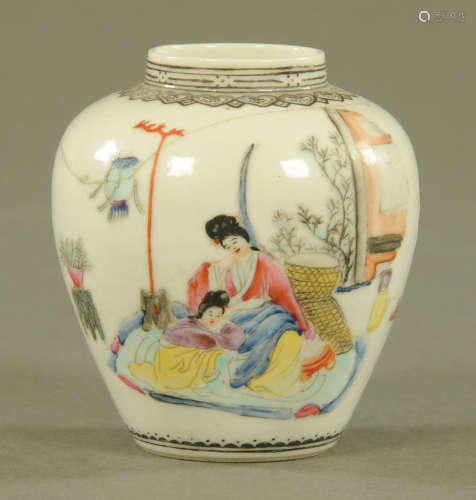 A small Chinese pot, polychrome decorated with figures and w...