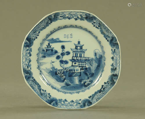 An 18th century Chinese plate, temple and fence pattern, cir...