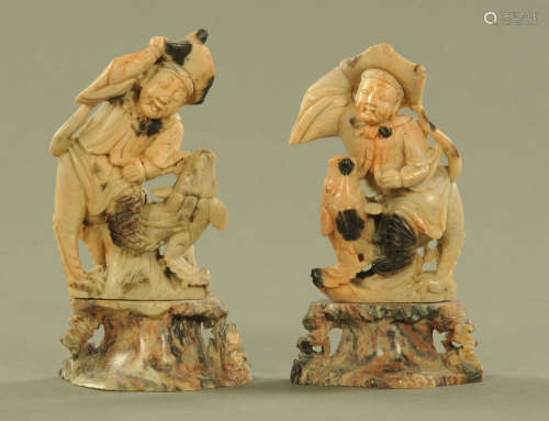 A pair of Chinese carved soapstone figures. Height 18.5 cm.