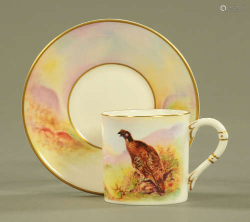 A Royal Worcester cup and saucer James Stinton Game Birds se...