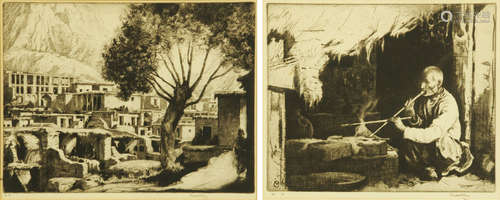 Charles W Cain (1893-1962), two etchings, one Kerman Persia ...