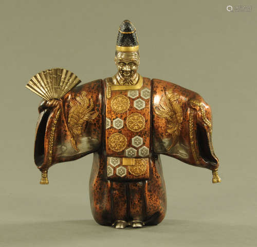 A Japanese bronze Noh theatre figure, with mask and fan. Hei...