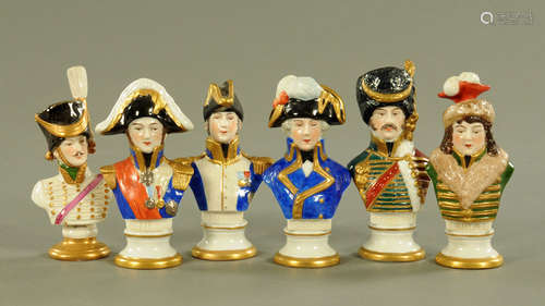 Six miniature continental porcelain busts, each of military ...