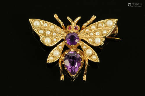 A 9 ct gold seed pearl and amethyst insect brooch, width 27 ...