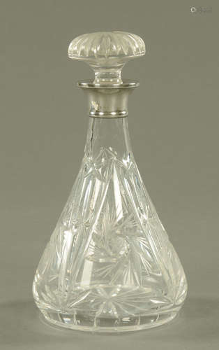 A silver mounted cut glass decanter with stopper, hallmark r...