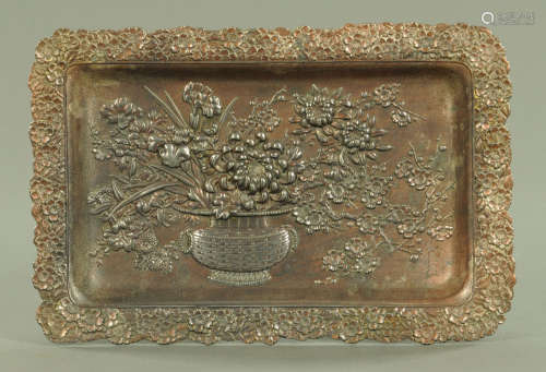 A Japanese antimony plated rectangular tray,