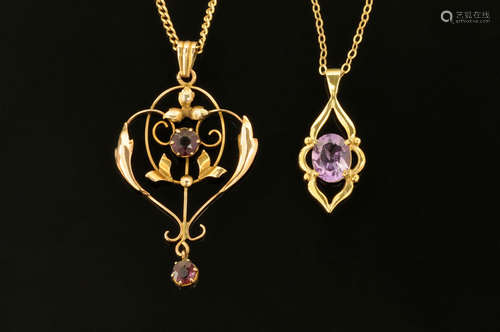 An Art Nouveau gold coloured and amethyst set pendant,