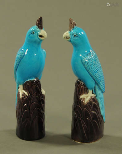 A pair of Chinese blue glazed parrots, each raised on a natu...