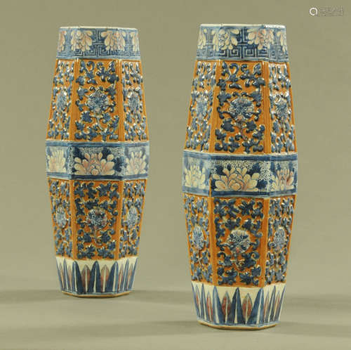 A pair of 19th century Chinese hexagonal leaf moulded vases....