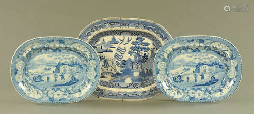 Three 19th century blue and white ashettes, one willow patte...