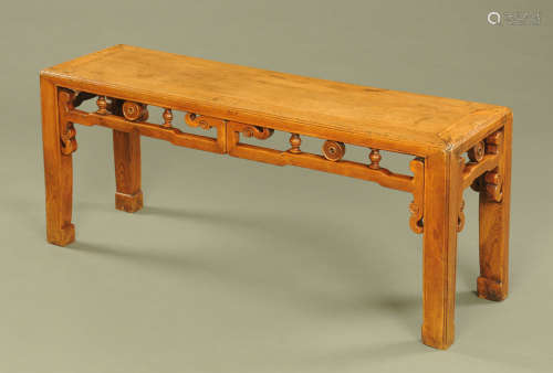 A Chinese stained wooden rectangular stool, with half round ...