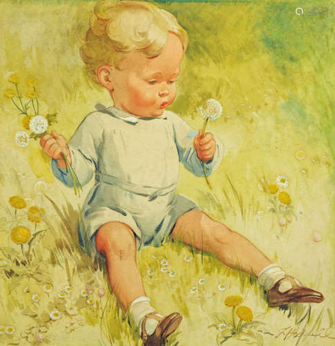 Lillian Hocknel, a watercolour of a child with dandelions, 3...